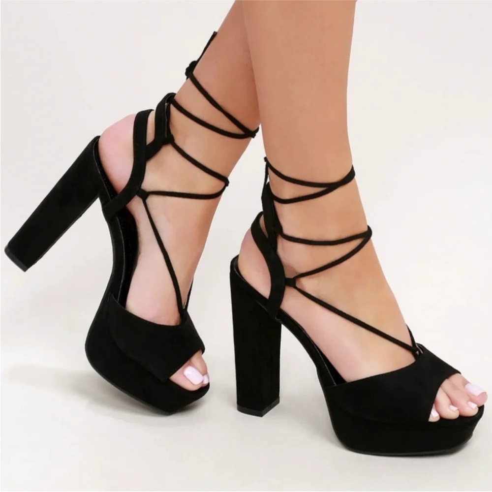 Lulu's Saucy Black Vegan Suede‎ Platform Lace Up Sexy Heels Sandals